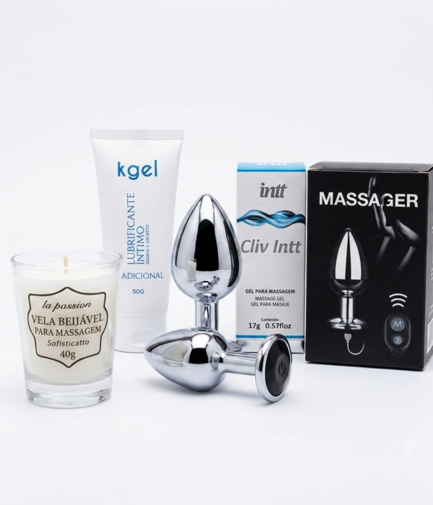 Kit Anal Sensorial Metal e Sedução - Kit Anal Unissex com Plug Metal, Vibração e Cosméticos