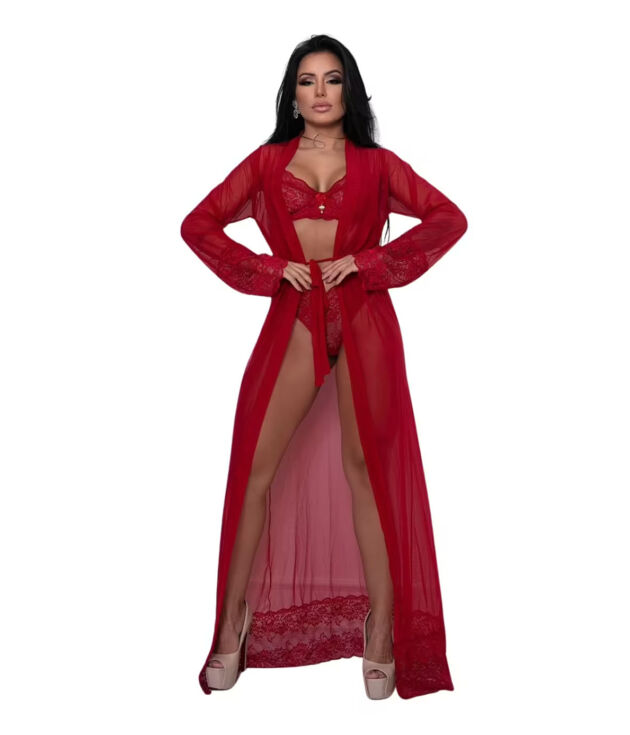 Robe Sandy Longo Vermelho com Renda