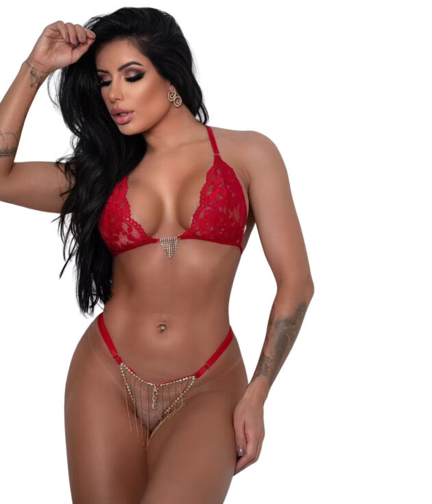 Conjunto Lingerie Eva 3 Peças - Sutiã Cortininha Correntes + Fio Dental + Meia 7/8 Renda