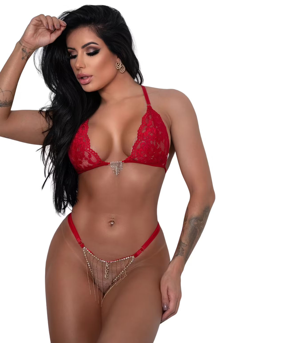 Conjunto Lingerie Eva 3 Peças - Sutiã Cortininha Correntes + Fio Dental + Meia 7/8 Renda