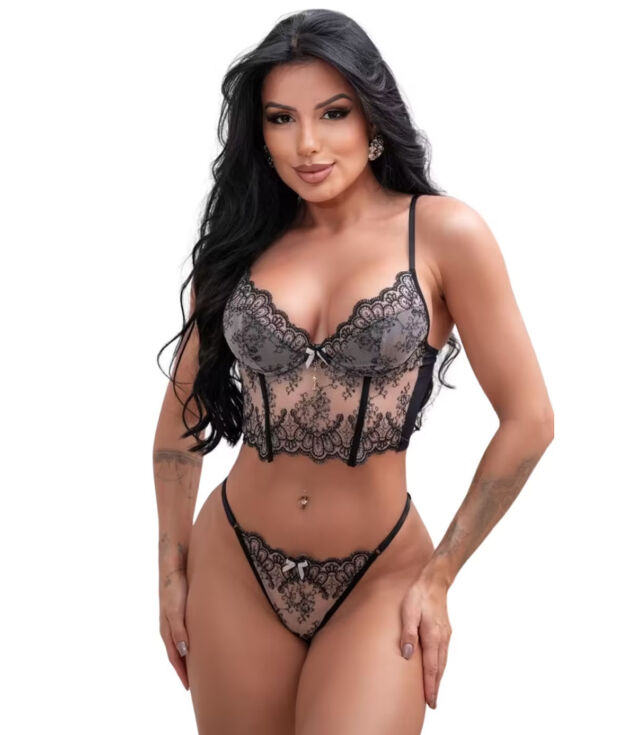 Conjunto Cropped Corselet Transparente + Fio Dental Renda Bella