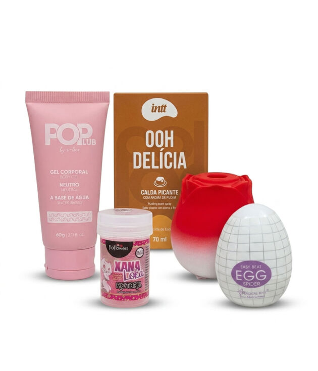 Kit Sensorial Casal - Rosa Estimuladora, Egg, Lubrificante e Calda