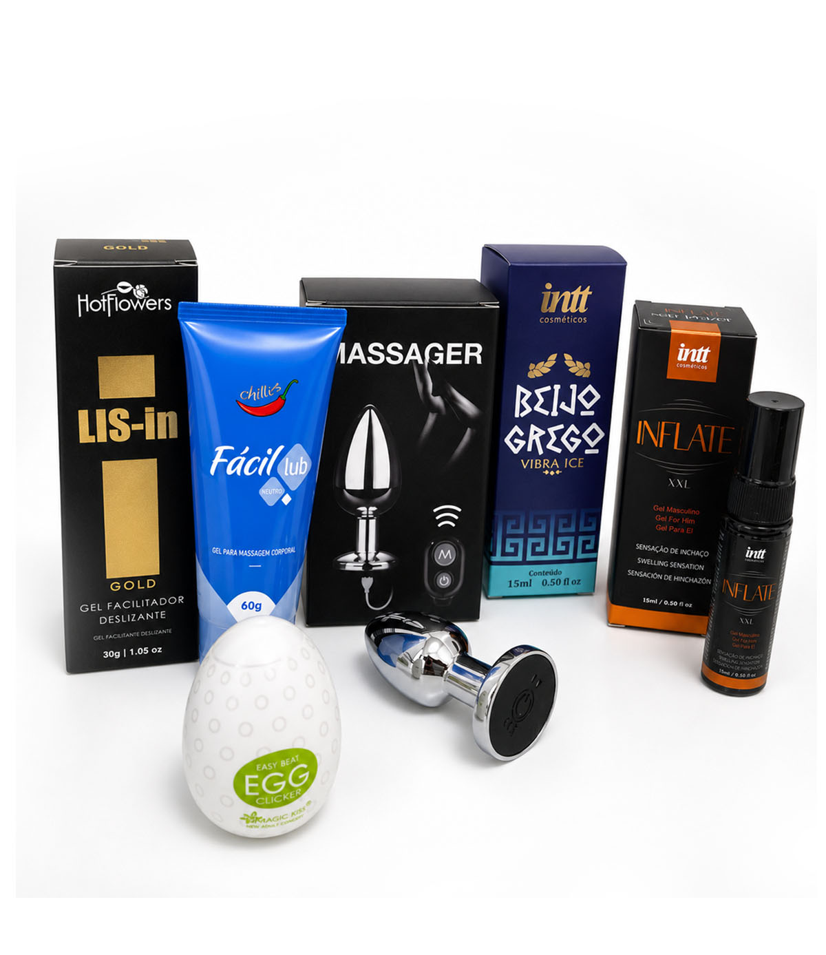 Kit Sensorial Prazer Refinado - Com Plug Vibratório, Cosméticos e Masturbador