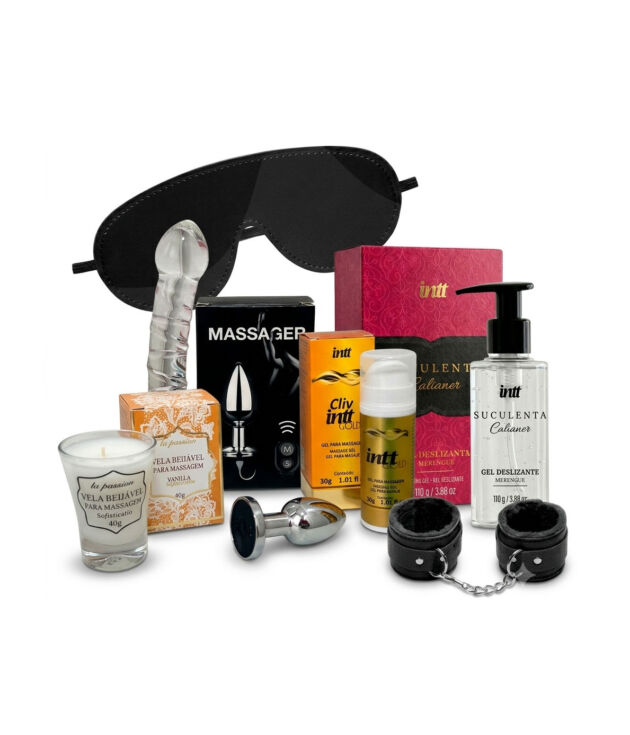 Kit Sensorial anal Êxtase Absoluto - Anal Unissex Premium com Dildo de Vidro, Plug Metal Vibratório, Algema, Tapa olho e Cosméticos INTT
